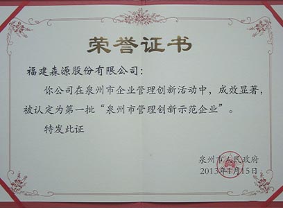 南安政府獎勵森源喜獲管理創(chuàng  )新企業(yè)第二名